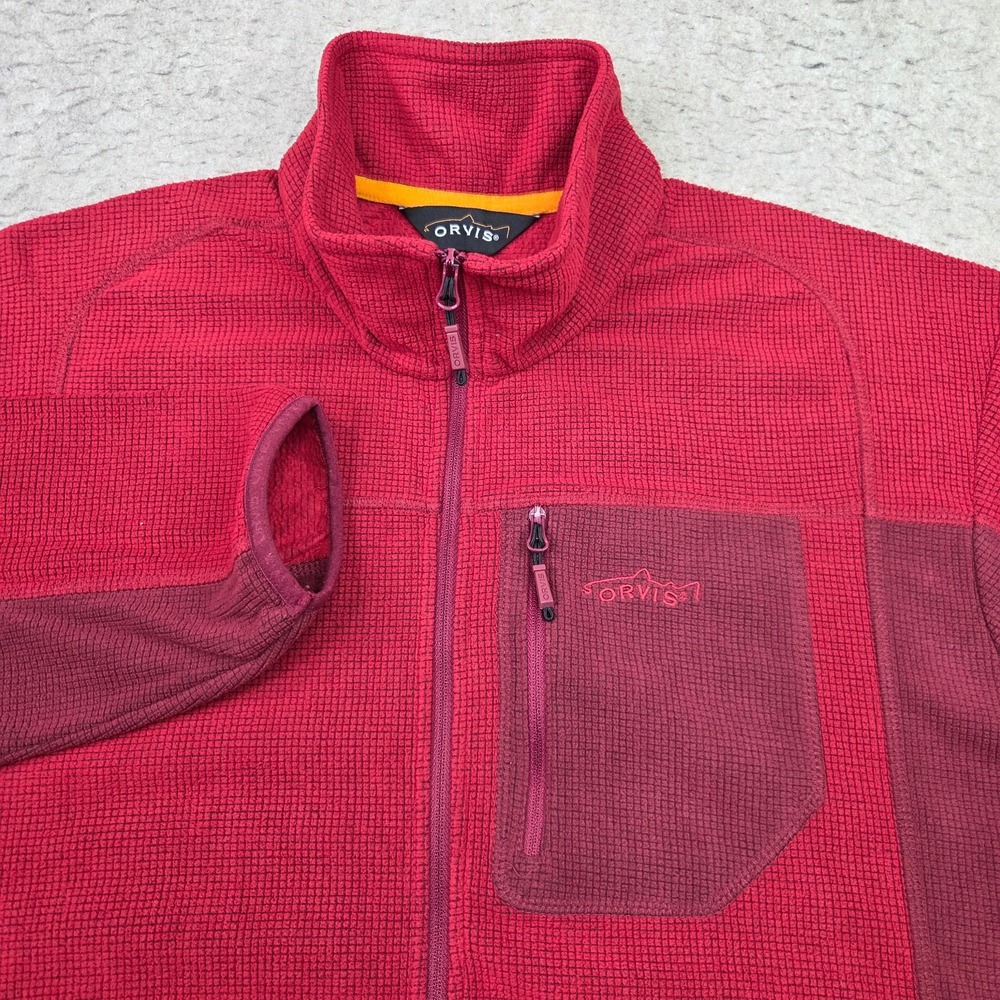 Orvis Fleece Jacket Mens L Red Full Zip Mock Neck Outdoor Hilking Pockets
